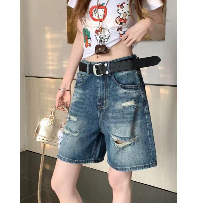1211夏季薄料破洞牛仔四分牛仔短裤美式高腰显瘦宽松韩版百搭女裤