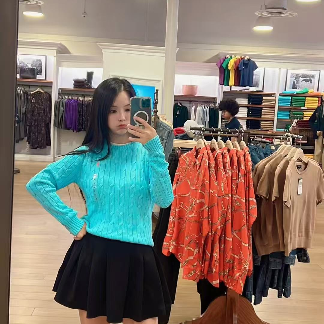 Polo Ralph Lauren/拉夫劳伦 专柜款蓝色logo绞花针织开毛衫