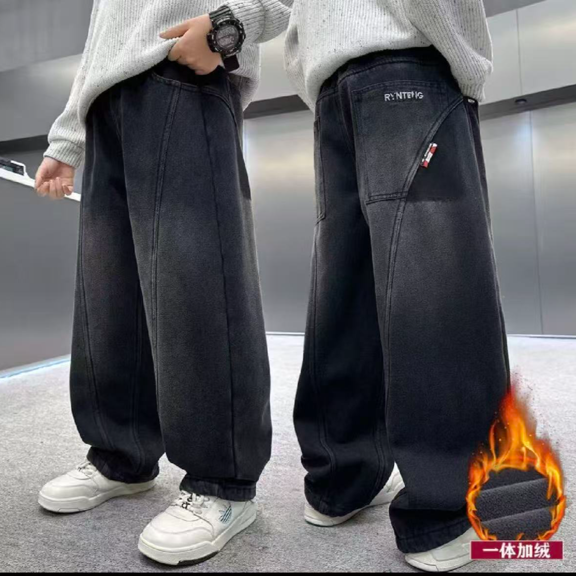201324童装男童加绒牛仔裤2025冬季韩版潮酷时尚加绒加厚牛仔裤潮