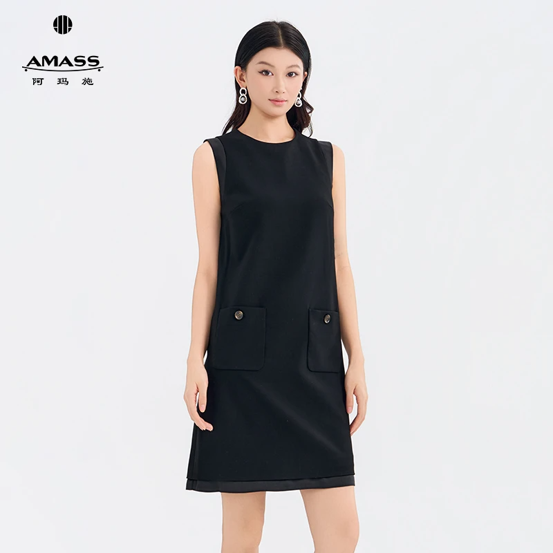 AMASS阿玛施夏季新款高级感轻职宽松显瘦小黑裙背心连衣裙550071