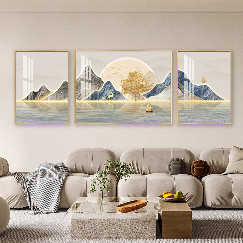 风格山川大河一帆风顺金鹿发财树客厅手工晶瓷三联客厅背景墙挂画