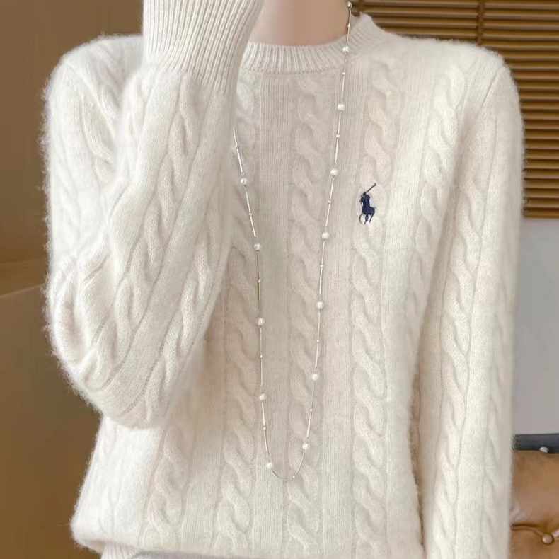 100%美丽诺加厚羊毛上衣长袖圆领刺绣小马绞花工艺内搭D433