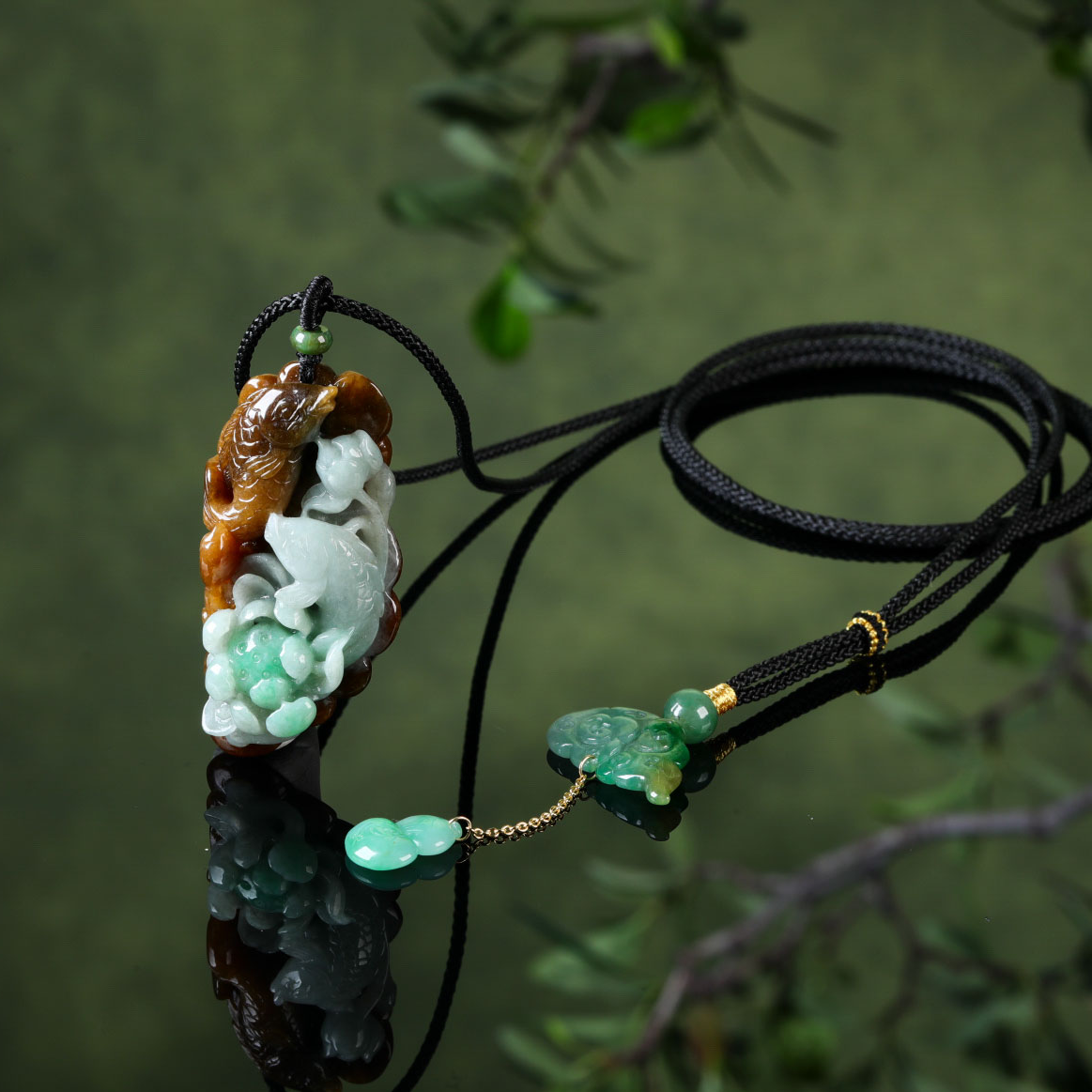 【意婵】《漫棠辞》18K金天然缅A老翡翠精雕项链-916578