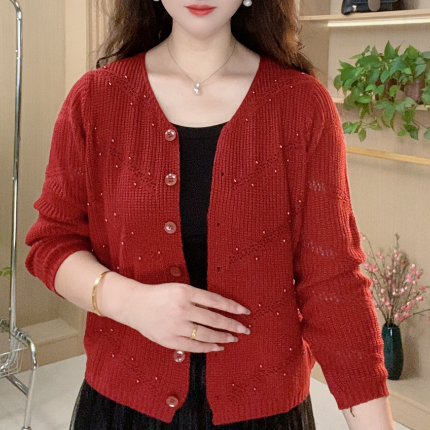 2025秋季新款时尚休闲订珠棉线针织开衫外套长袖针织衫外搭女