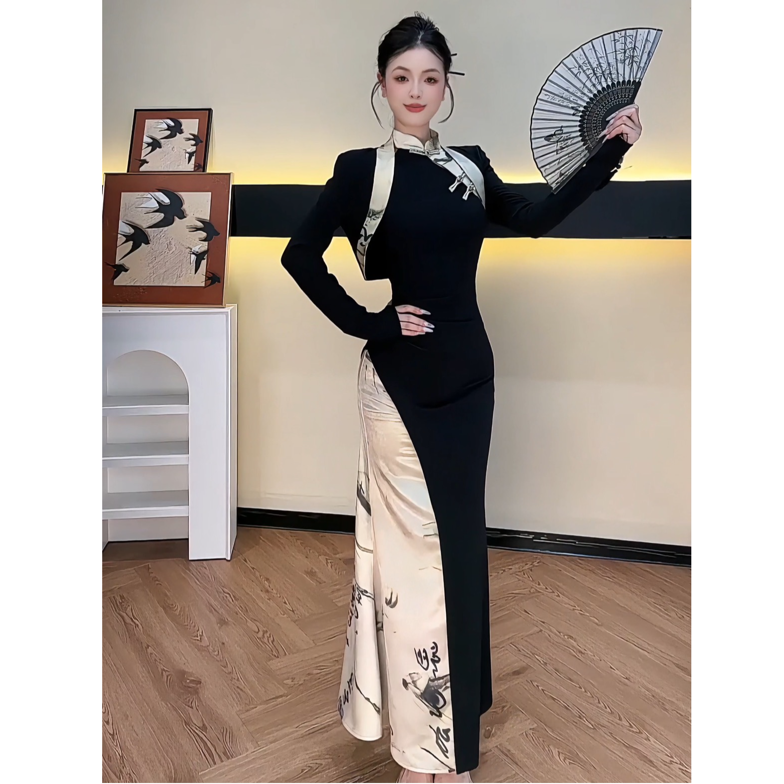 【夕夕推荐】新中式国风书法拼色收腰盘扣旗袍连衣裙YXIYF52444