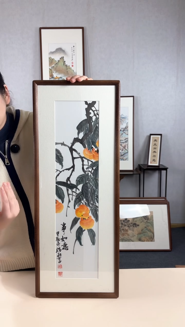 【闪购商品】国画手绘*柿柿如意*28*72cm实木框
