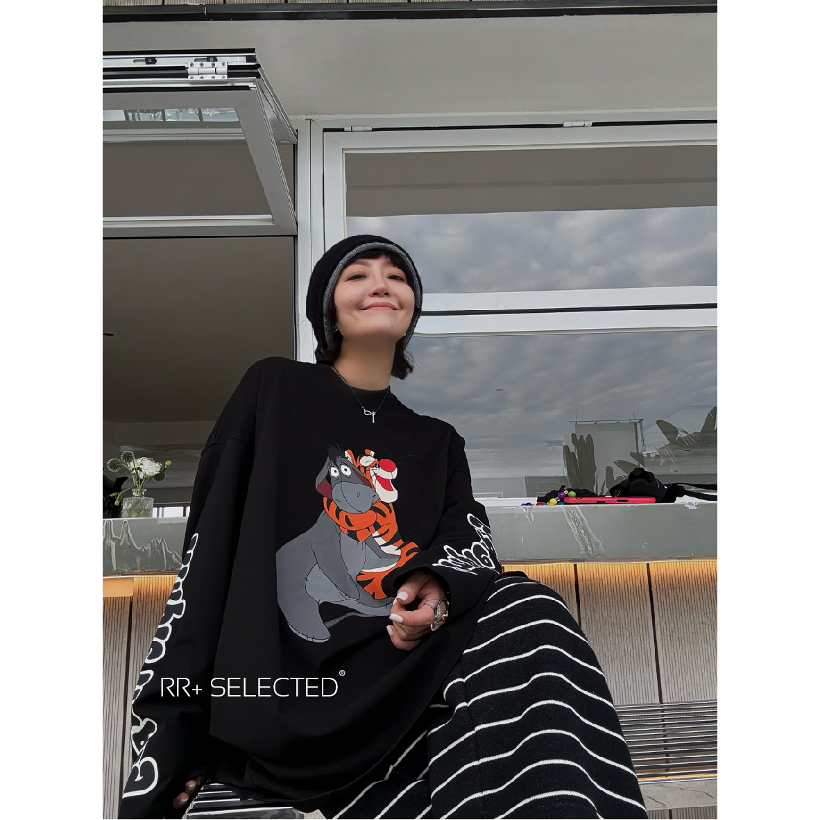 21308趣味卡通印花宽松长袖T恤女休闲减龄慵懒上衣