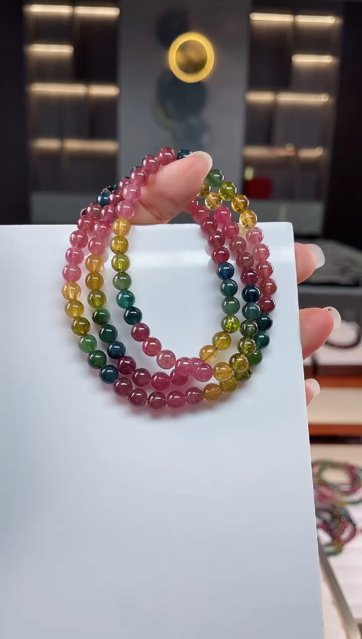 未镶嵌老矿碧玺彩虹三圈手串5mm+碧玺（多样性发一条）Q