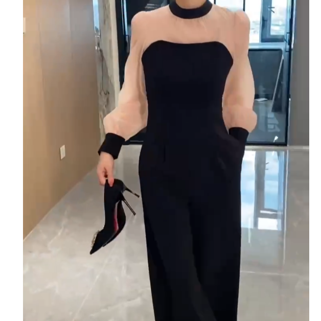 2025女装阔腿百搭修身法式直筒裤修身设计感连体裤高腰CJ30201