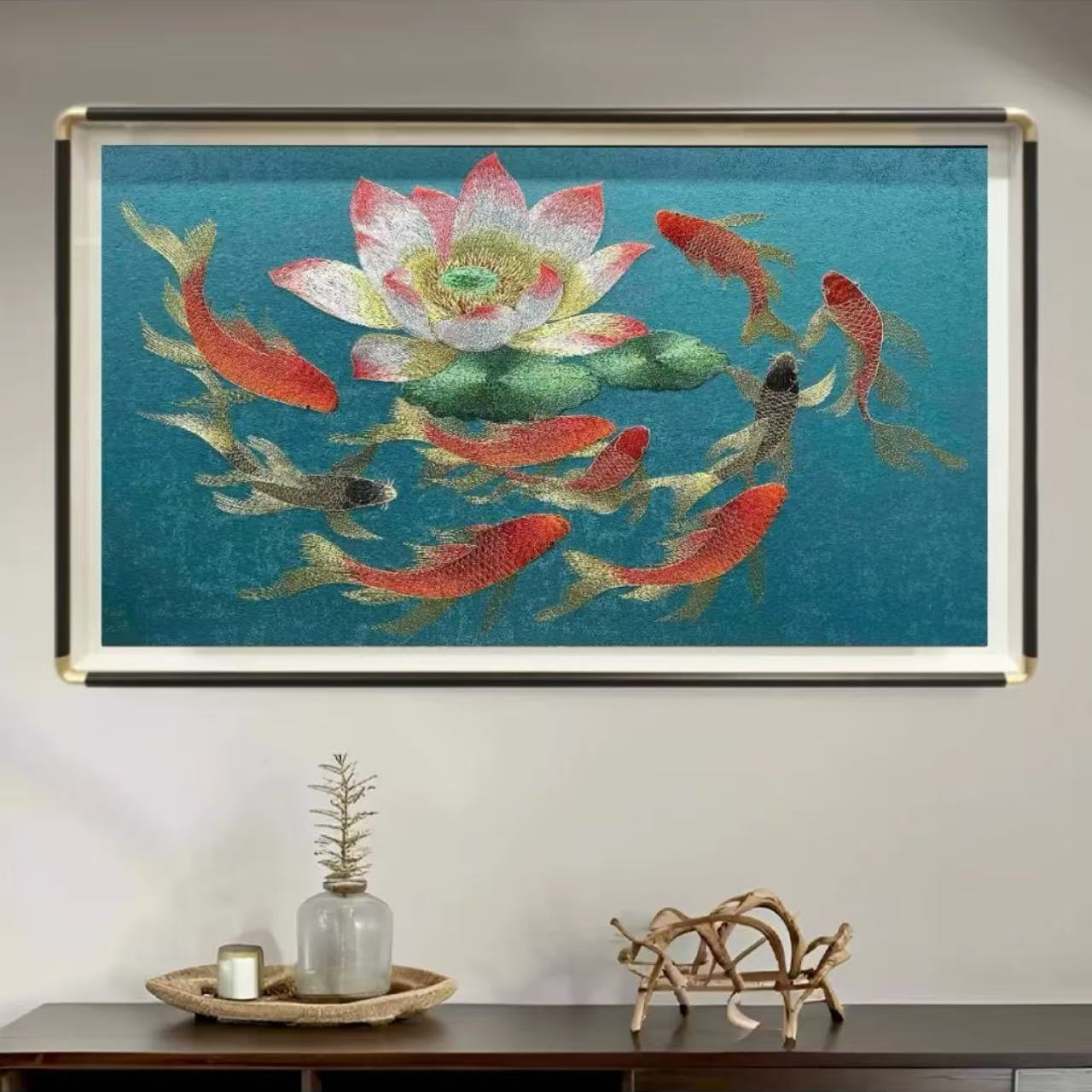 餐厅织锦绣中式牡丹苏绣餐厅刺绣事事如意花鸟客厅书房挂画锦鲤鱼