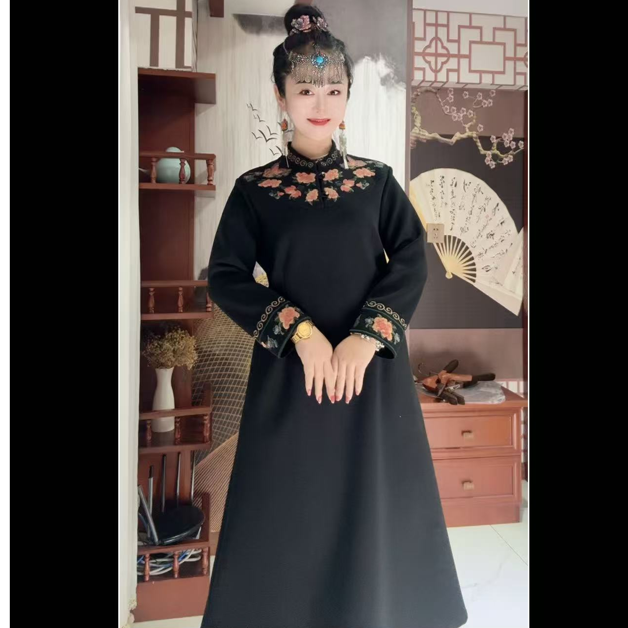 民族风高领上衣大衫长裙唐汉布依新款Y