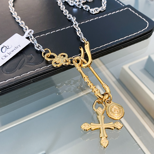 金色 十字架飞鸟圆饼吊坠勾链 N1417