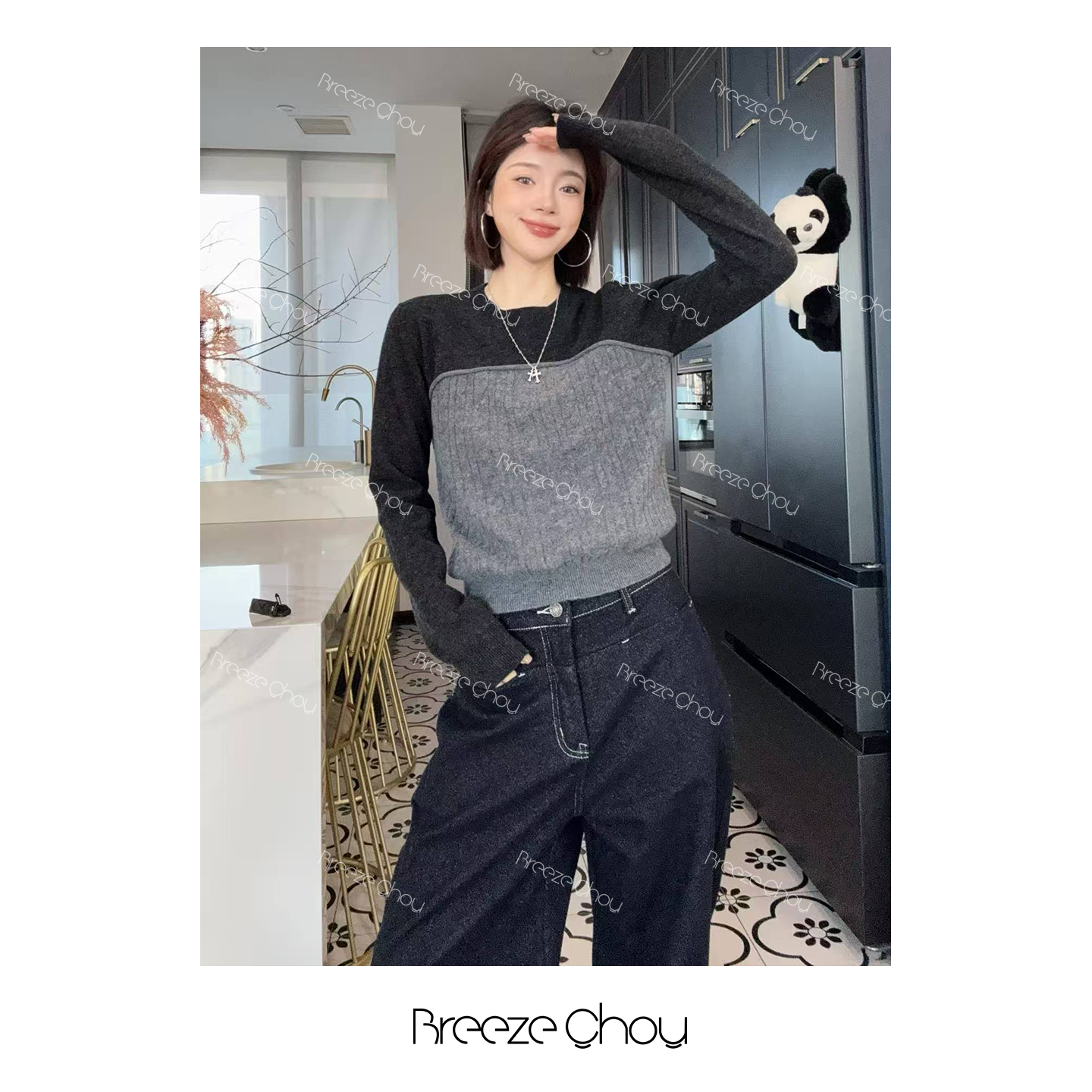 Breeze Chou100羊毛冬2025冬季新款拼接假两件圆领修身显瘦打底