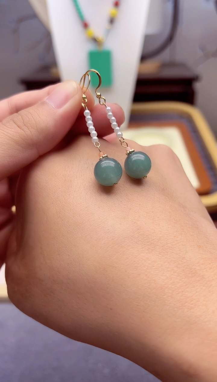 翡翠14K金镶嵌耳饰E36