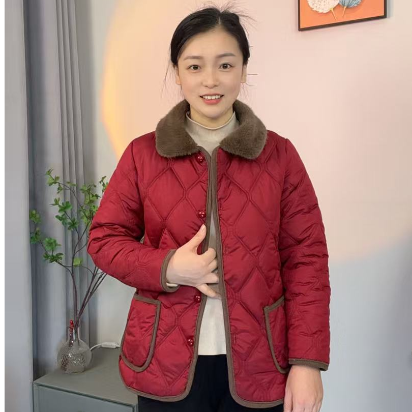 加绒毛领2025新款宽松妈妈款加绒加厚女装外套冬季棉袄时尚棉服