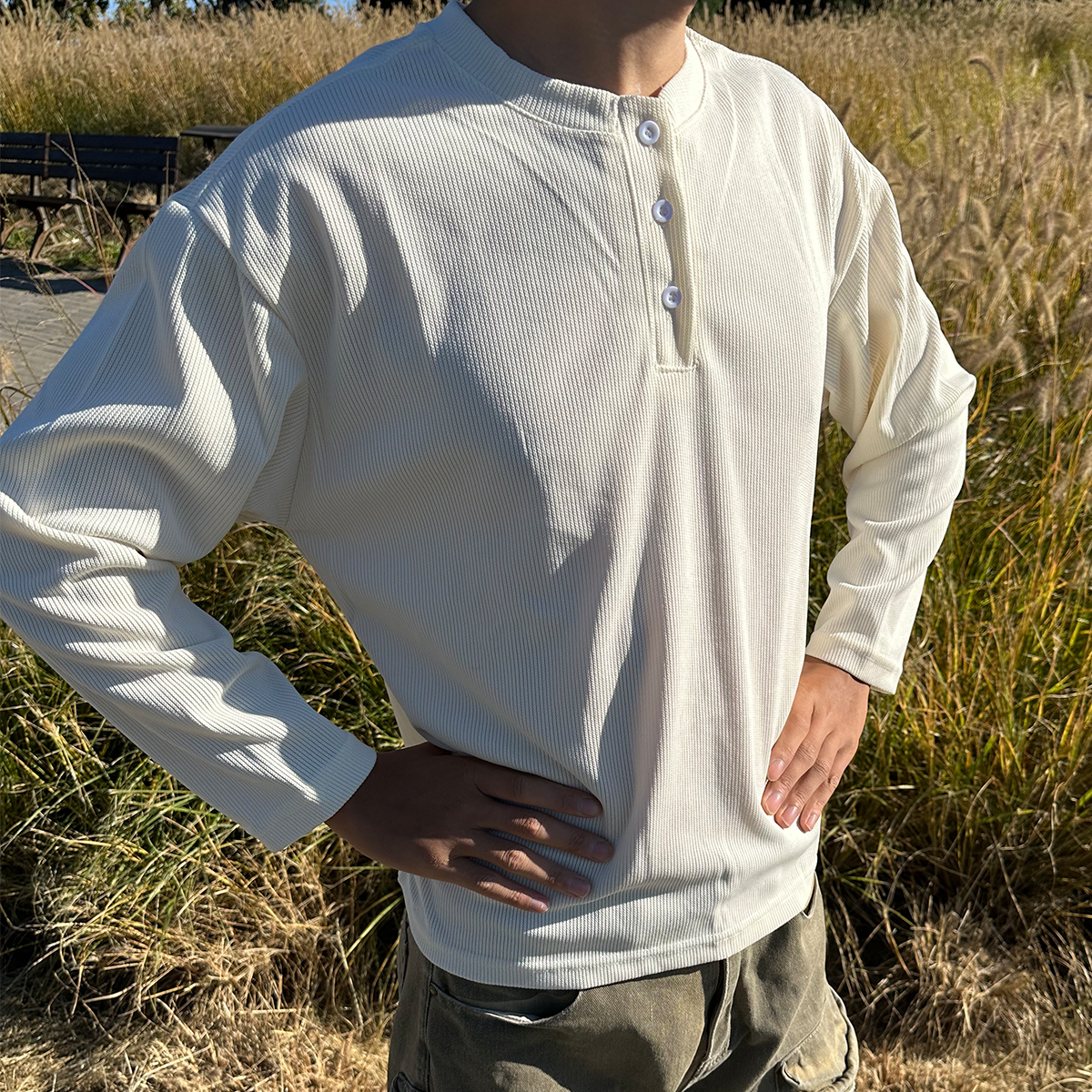 美式痞帅亨利领打底衫男秋冬季纽扣高级感宽松半开领休闲长袖T恤