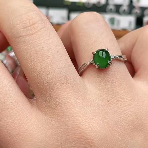 鑫辰珠宝天然A货翡翠银镶嵌设计款开口女戒指时尚百搭