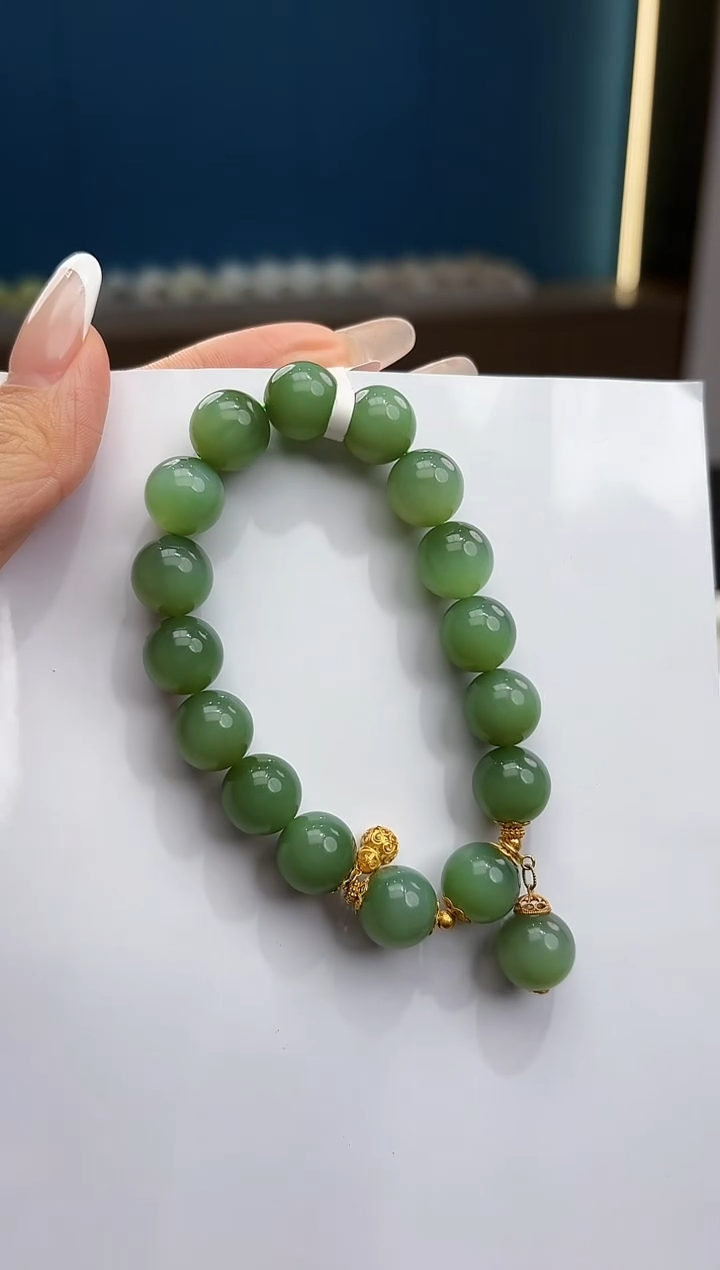 18K金镶嵌手串和田玉粉青猫眼12mm