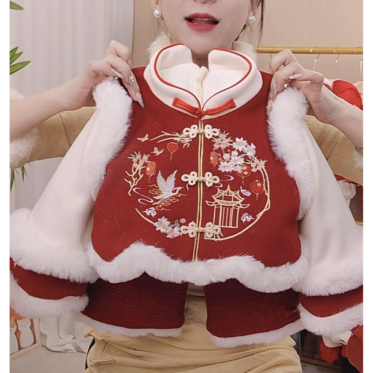 【喜上眉梢】女宝国风刺绣仙鹤盘扣加厚套装