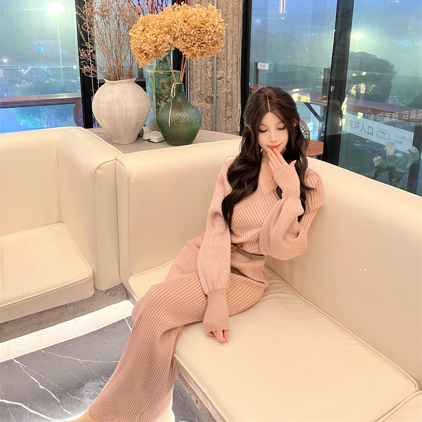 法式复古交叉V领掐腰针织长裙女性感露肩中长款毛衣连衣裙一步裙