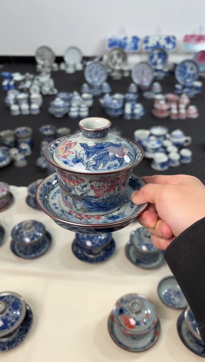 盖碗瓷景德镇陶瓷茶具老陶泥金玉满堂马蹄盖碗