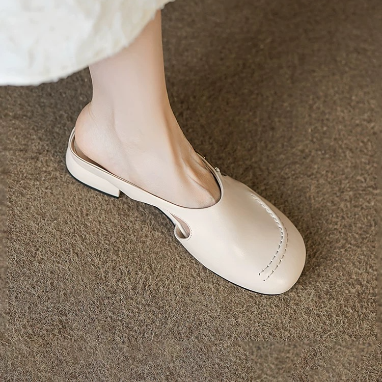 2533头层羊皮包头半拖鞋女穆勒鞋夏季凉拖鞋低跟镂空金属凉拖鞋