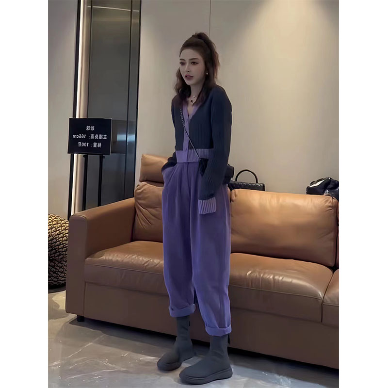 D210771秋冬复古高级感套装撞色开衫针织毛衣牛仔裤紫色两件套装