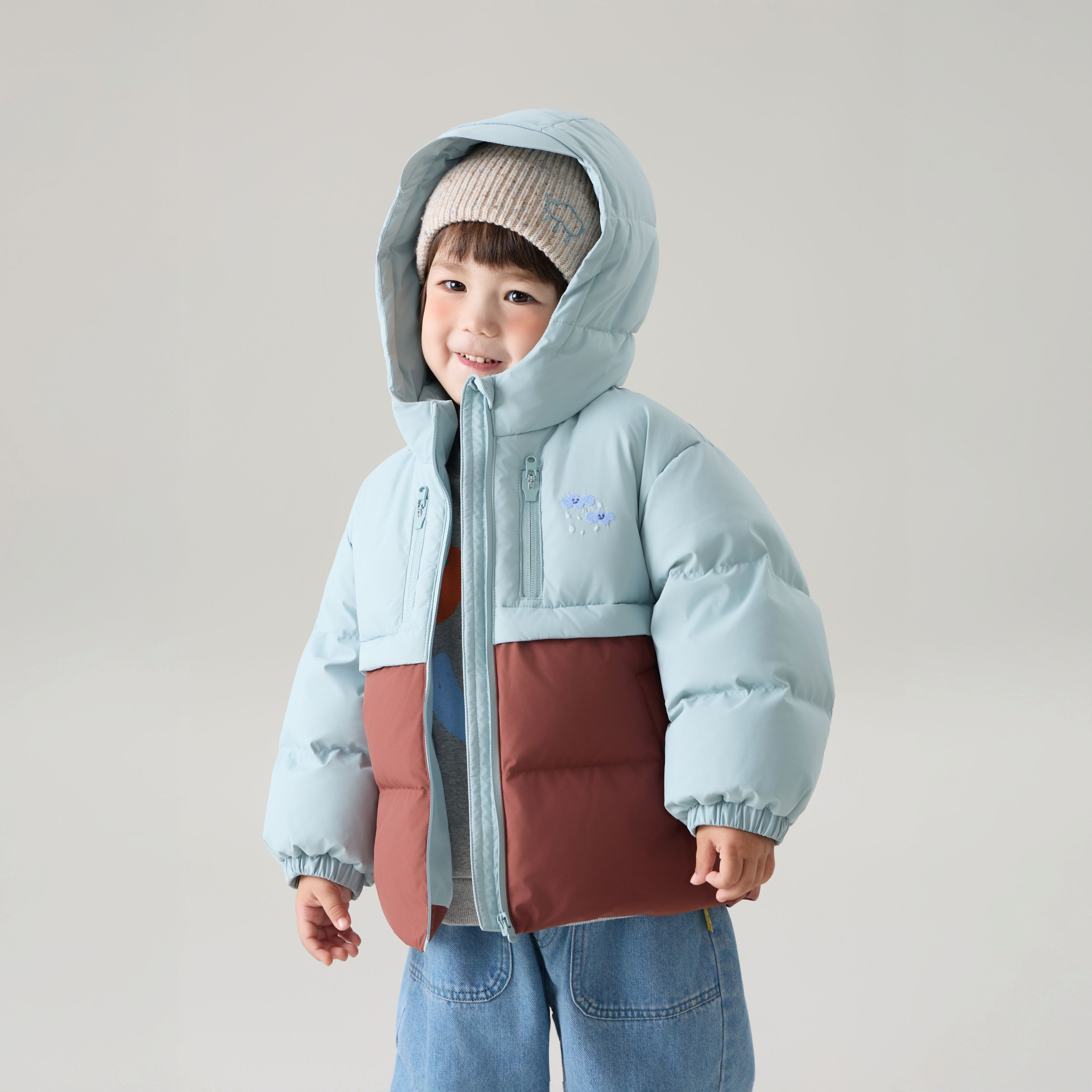 【拼色羽绒】papa爬爬冬季男女童羽绒服拼色连帽派克玩雪服保暖防风