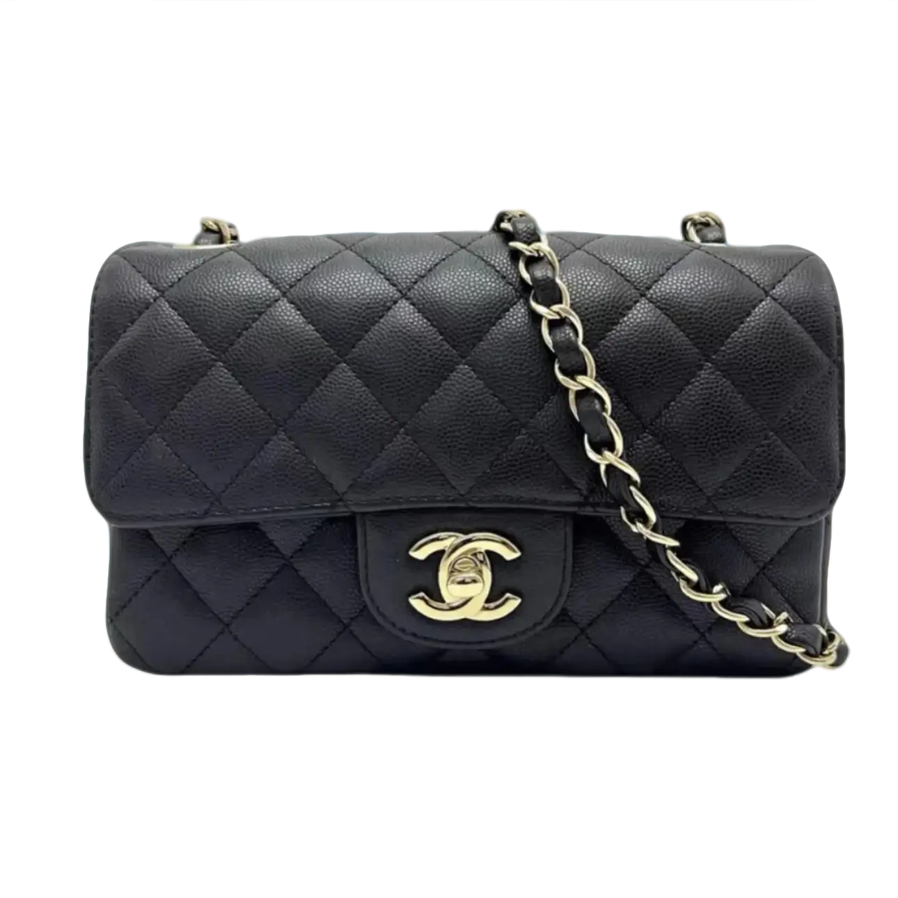 99新 Chanel/香奈儿 黑金菱格纹大mini链条包斜挎包26开