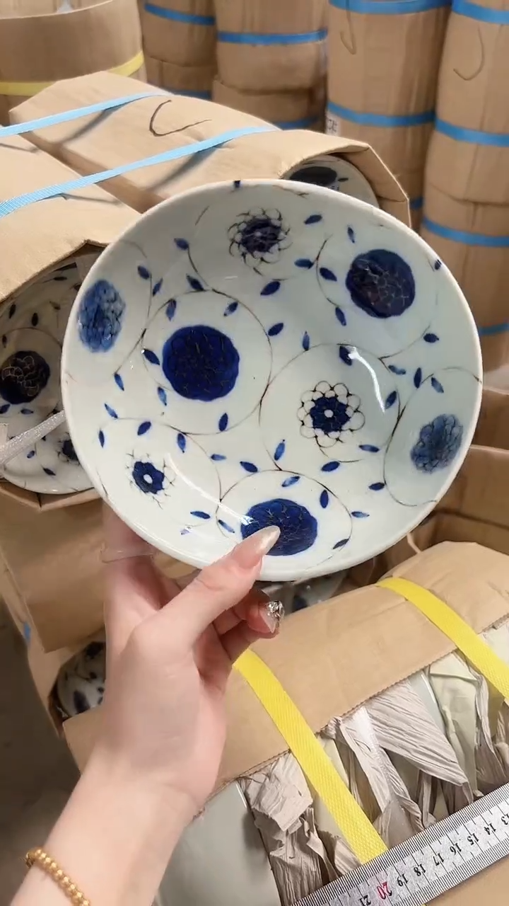 陶瓷【单支】日本进口美浓烧蓝绣球椭圆煮物钵16.8cm×16.5cm