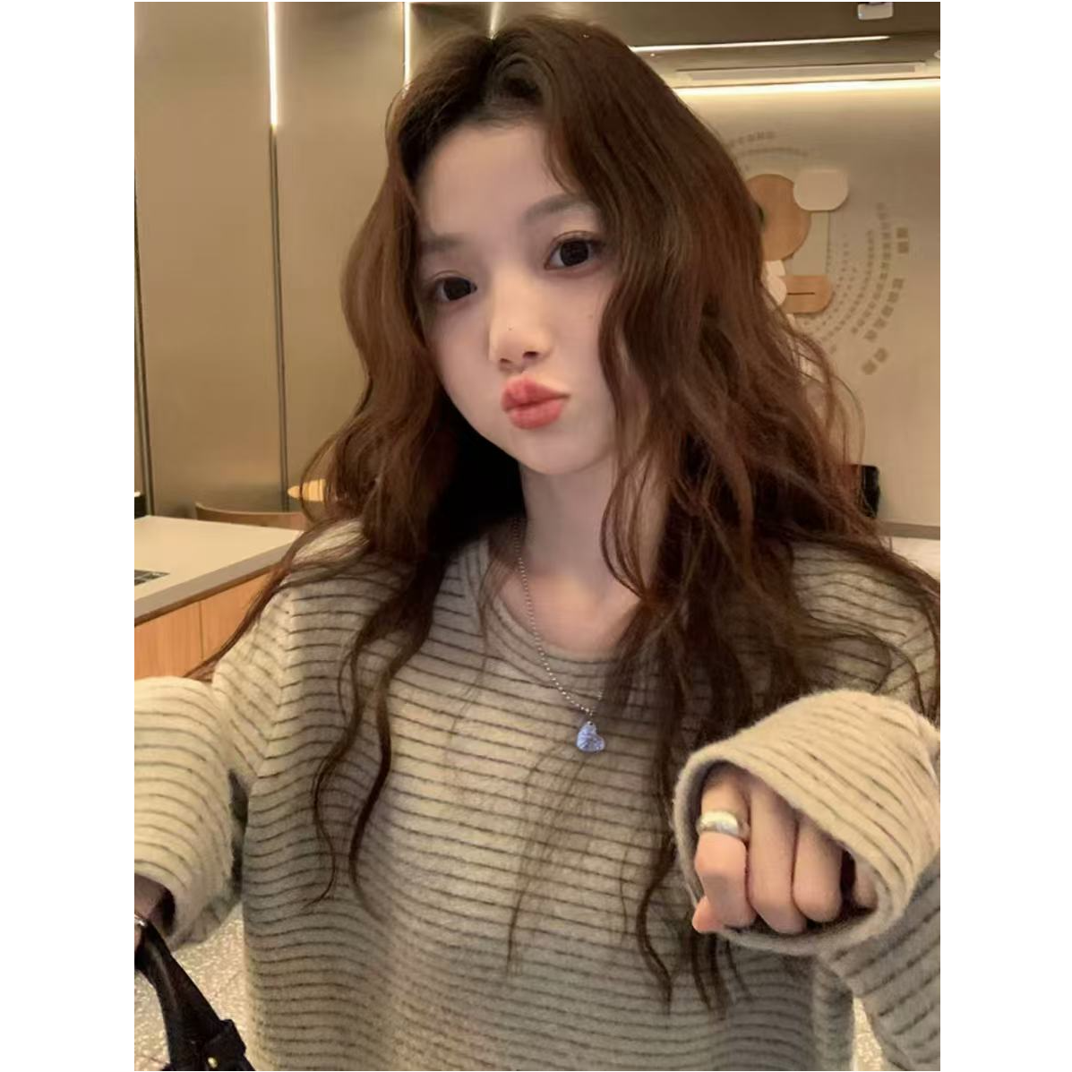 韩系设计感双面糯米绒复古软糯圆领条纹打底衫T恤女