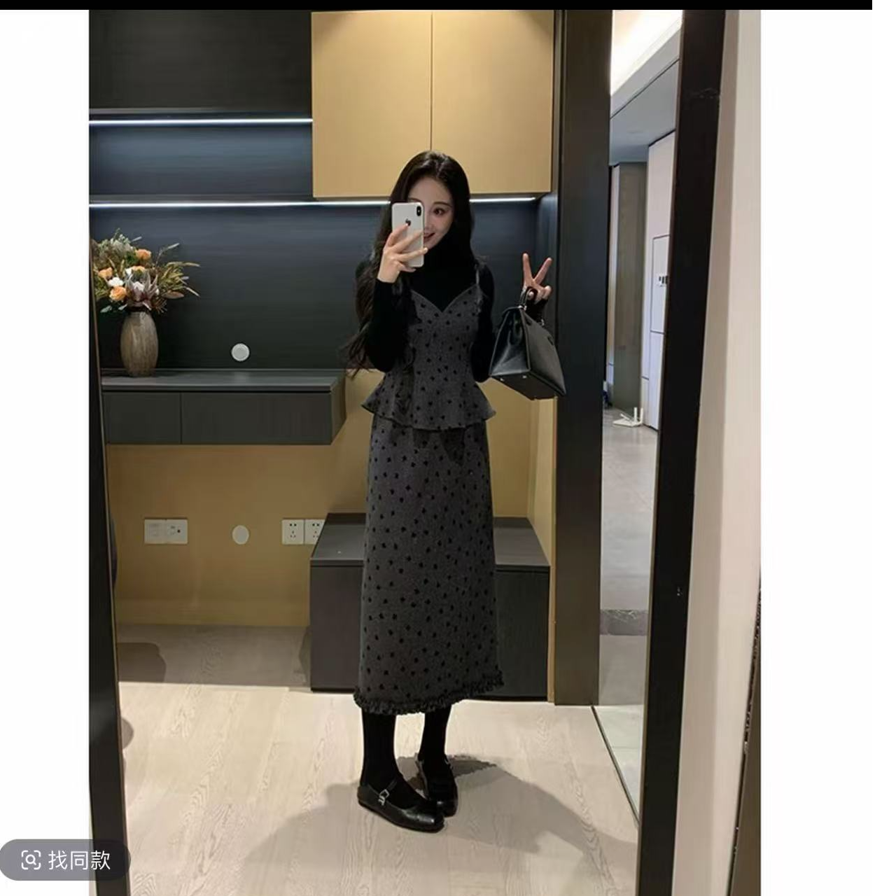 休闲风不规则款高腰冬季甜美灰调波点法式三件套轻奢气质显瘦活页