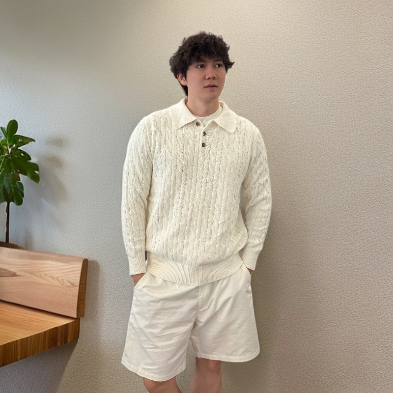 骑士针织长袖POLO翻领毛衣绞花纯色00862男女同款经典百搭