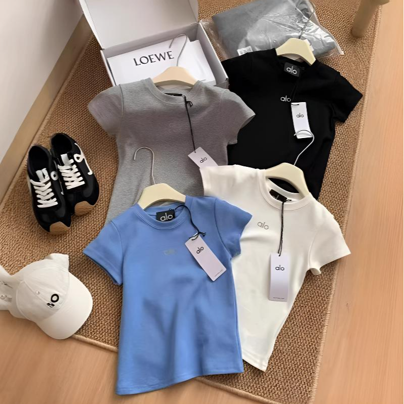 mimi洋气alo辣妹小众短袖T恤女圆领修身正肩打底衫纯棉运动上衣女