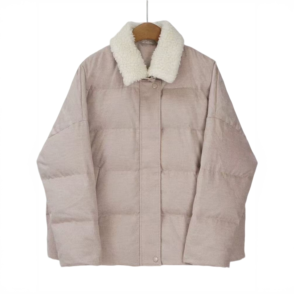 Quality57桑蚕丝43骆驼绒白鹅绒服毛毛翻领短外套秋款上新