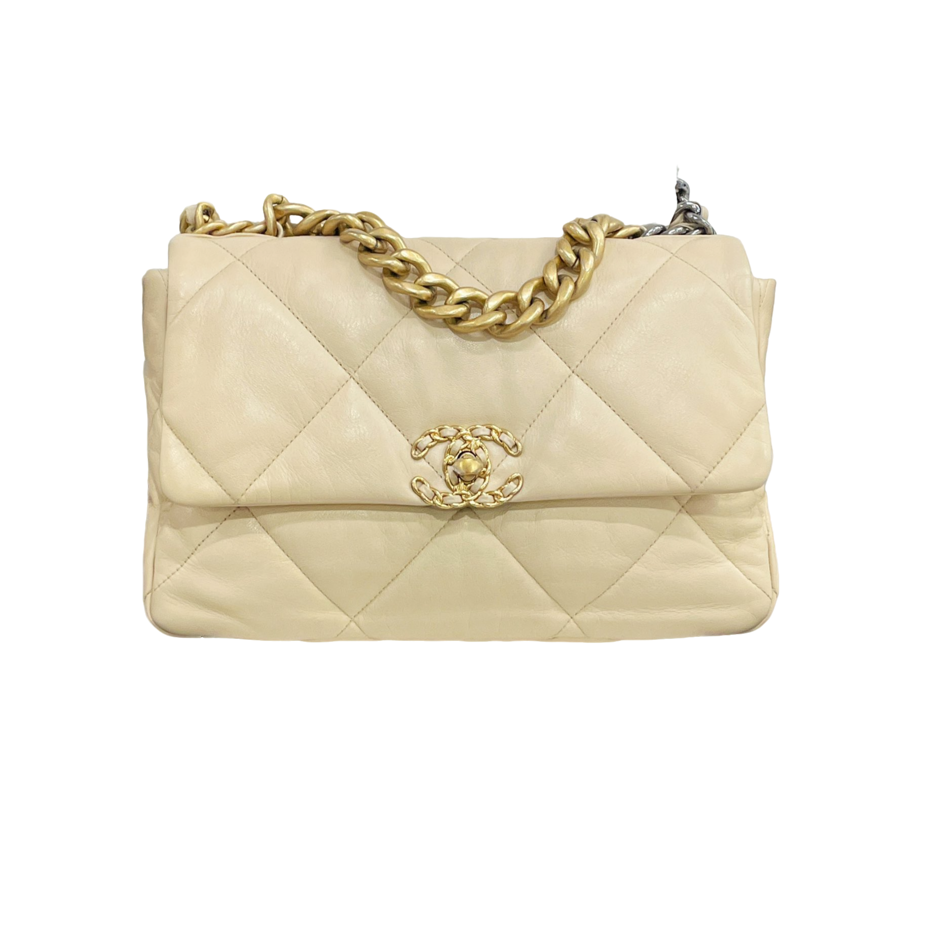 99新 Chanel/香奈儿 19bag中号奶茶色金扣手提斜挎包/7CH36208