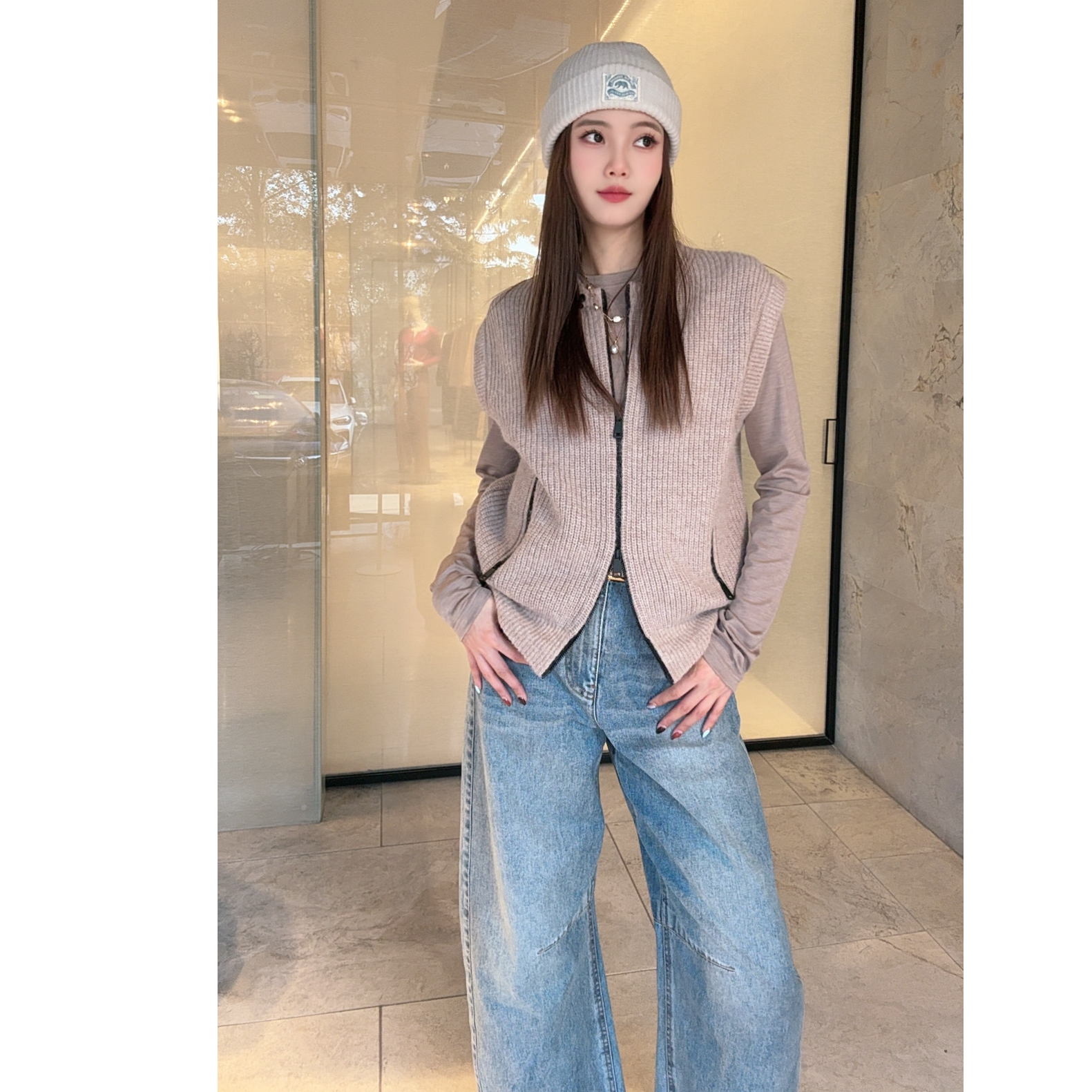 AMASS/阿玛施秋季新款格雷系复古圆领拉链休闲时尚针织马夹548051