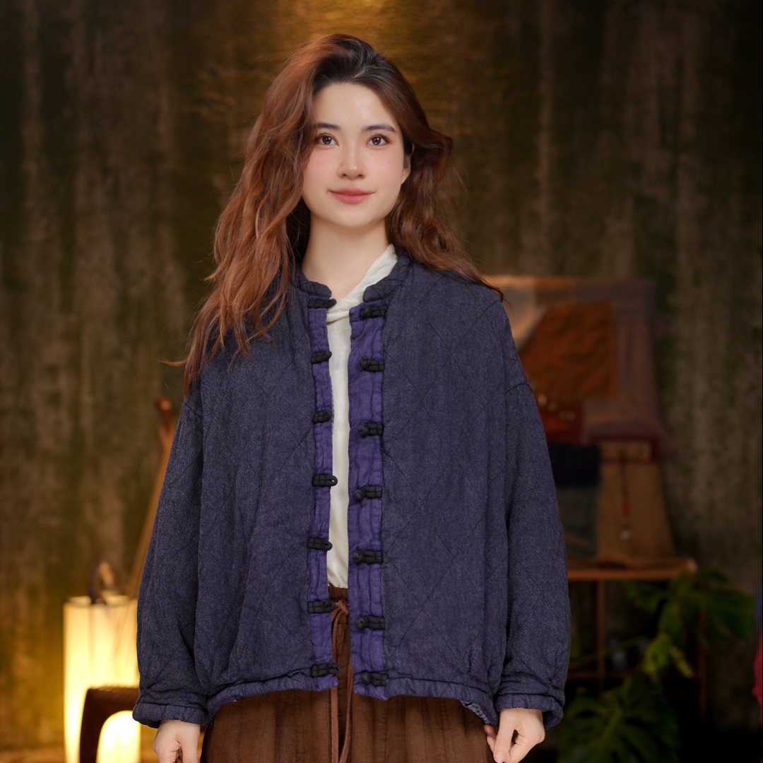 M1023衣长68cm胸围130cm做旧文艺厚款宽松秋冬纯色亚麻盘扣棉服