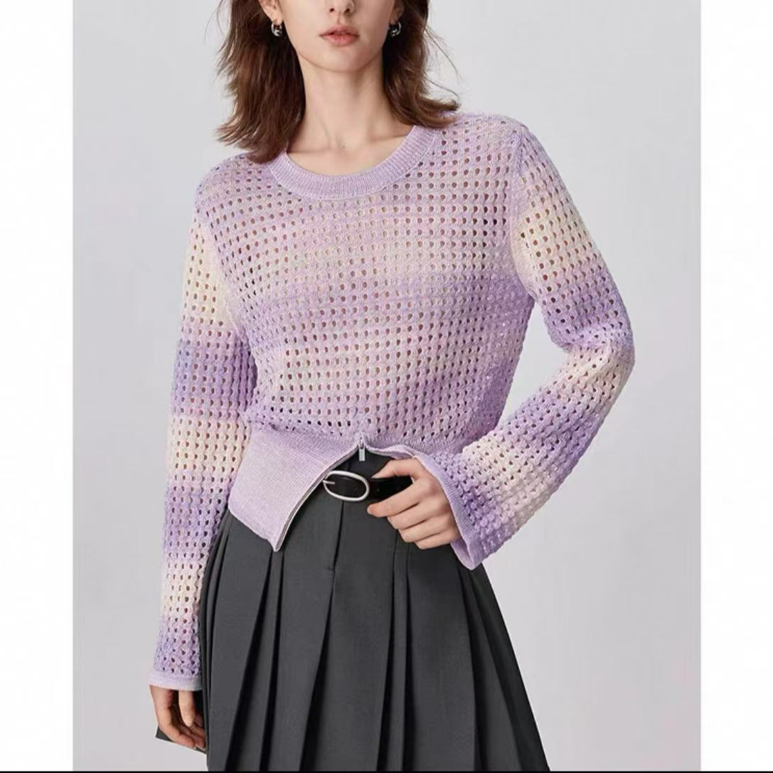 渐变镂空设计感下摆拉链开叉针织长袖防晒罩衫薄上衣H4686