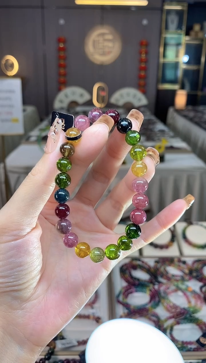 未镶嵌冰透体老矿碧玺彩虹单圈手串8mm+碧玺dan多样性发一条