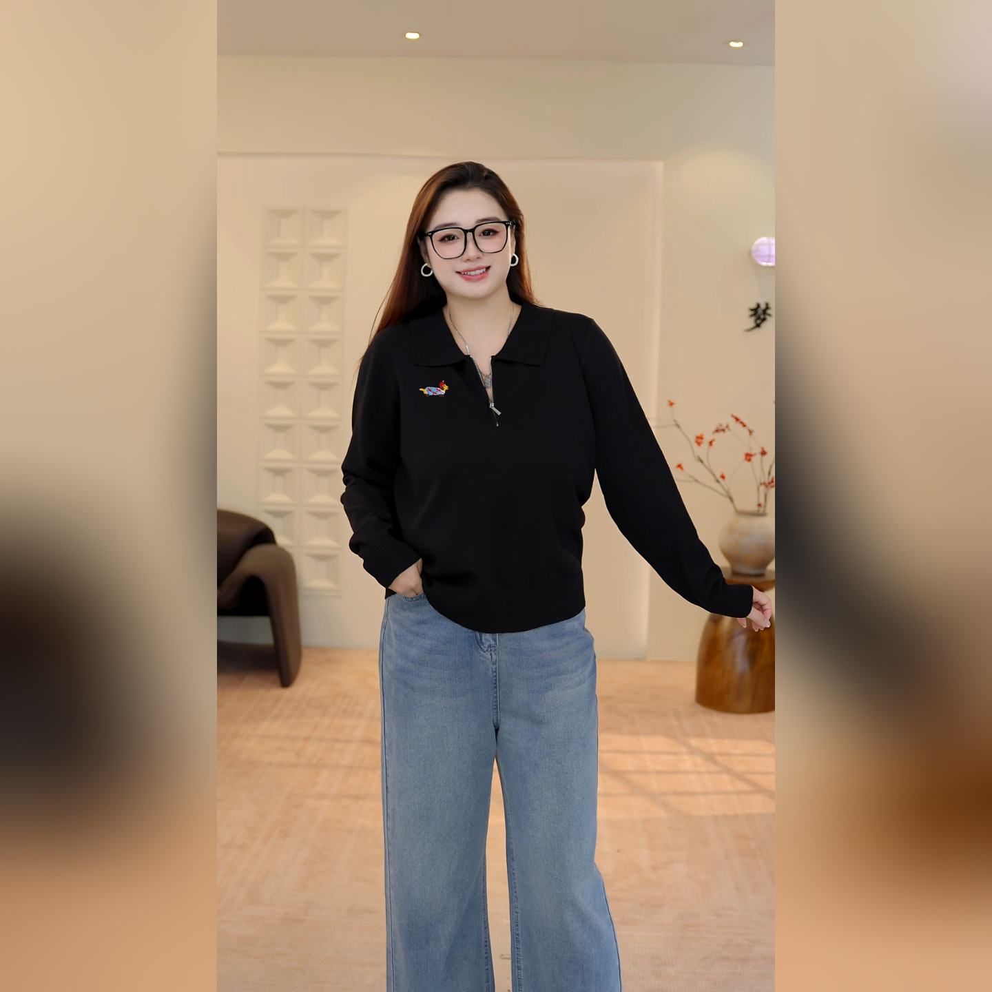 大码女装POLO领胖mm早秋宽松小狗刺绣洋气长袖百搭针织衫上衣套头