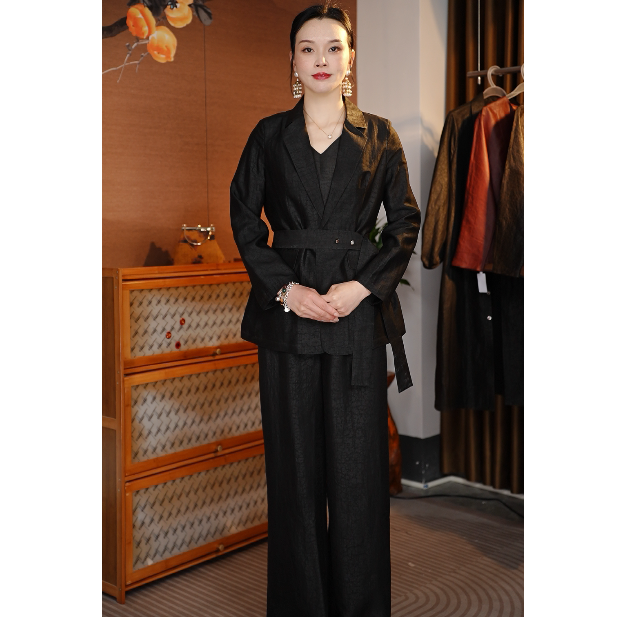 春季新款桑蚕丝红云纱西装中式休闲女士西服舒适上衣女外套950