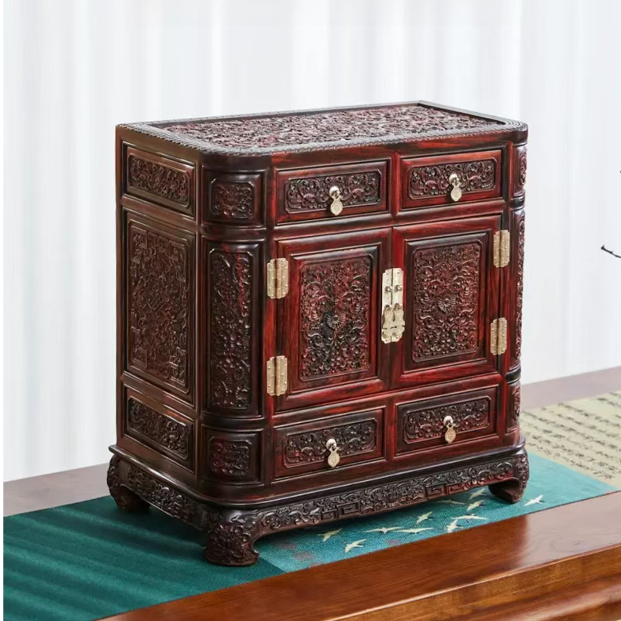 瑞木轩 酸枝西番莲百宝箱茶边柜床头柜多功能柜 50*28*49cm