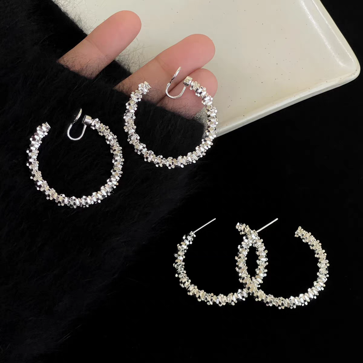 铜合金耳饰 碎银耳圈」超有存在感方圆脸圈圈耳饰蚊香盘耳夹无耳洞