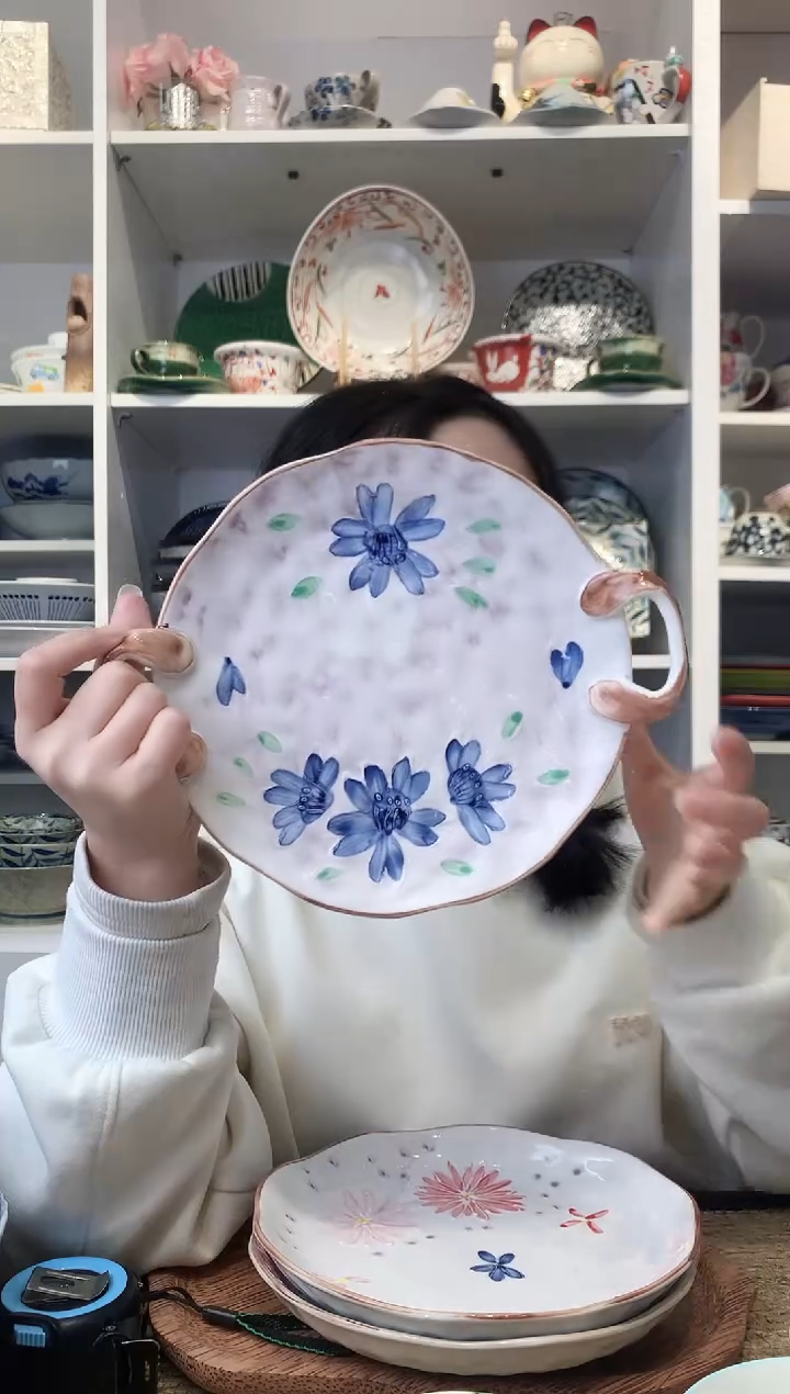 陶瓷【清仓】手绘粉紫花双耳平盘