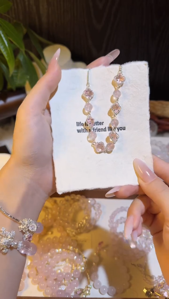 水晶手链合金银边四叶草