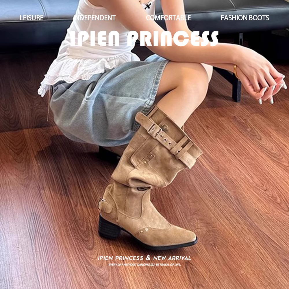 粗跟配裙子堆堆靴女2025秋冬新款废土风长筒靴不过膝西部牛仔靴子