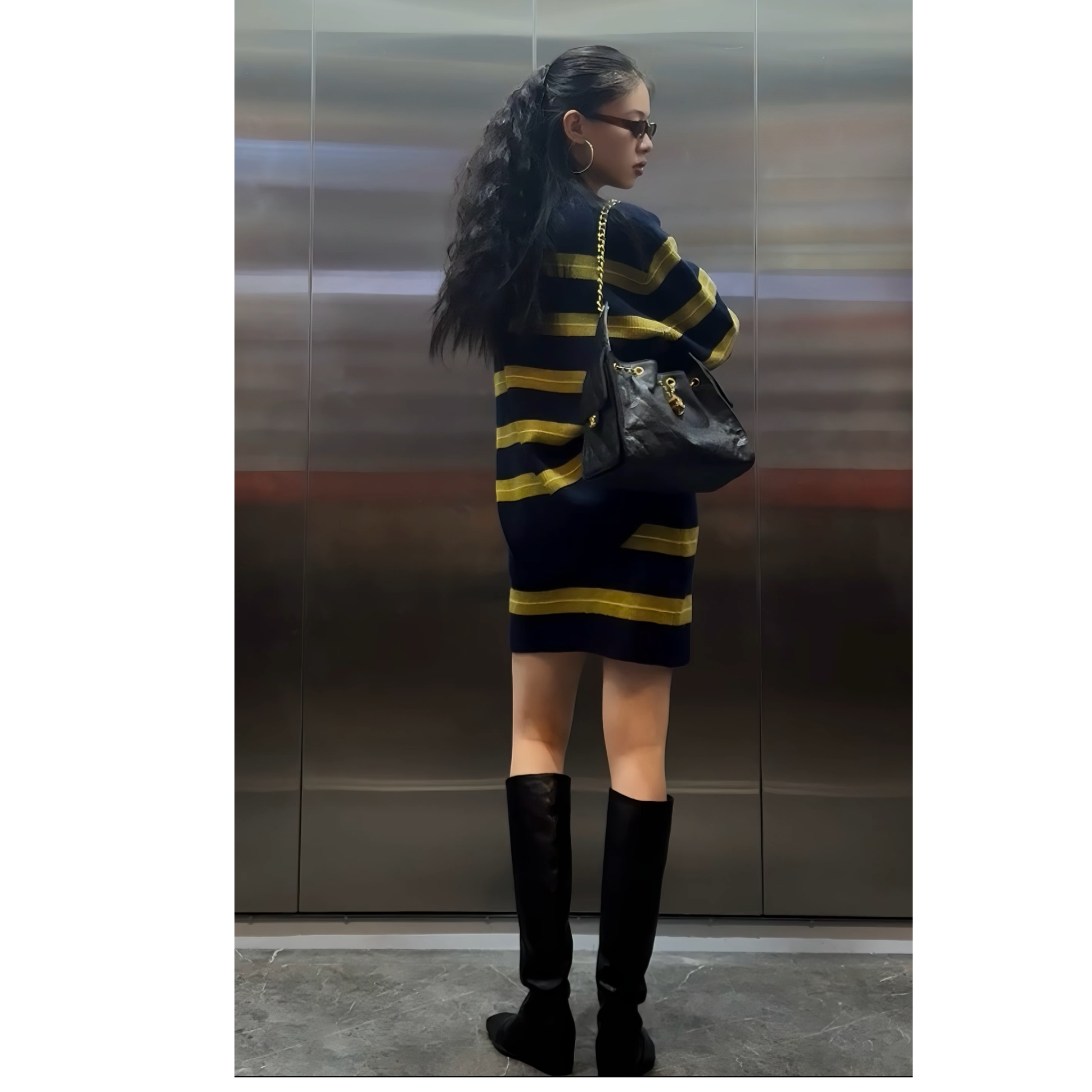 PM 王囡囡 藏蓝拼黄色横条纹两件套 ND1D2116