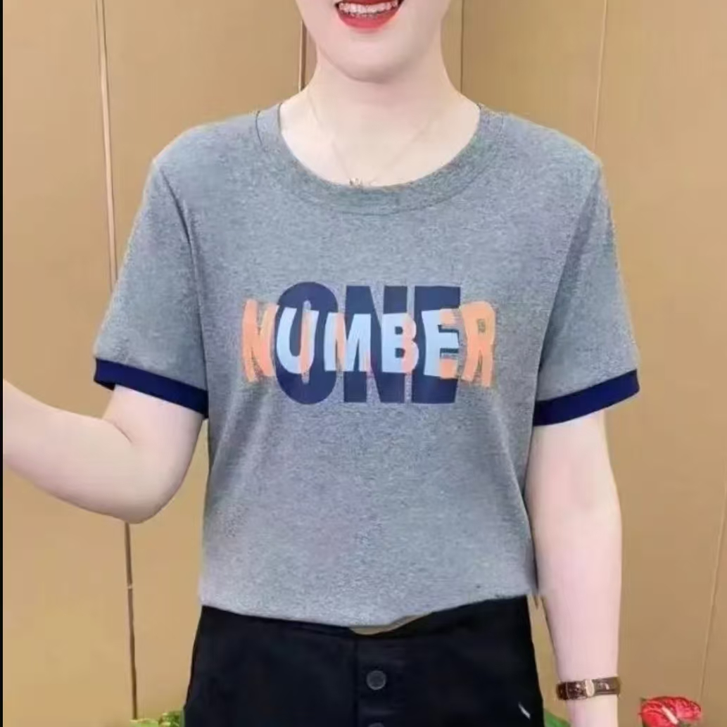 夏季新款圆领拼色短袖t恤女宽松遮肉大码印花打底衫洋气妈妈上衣