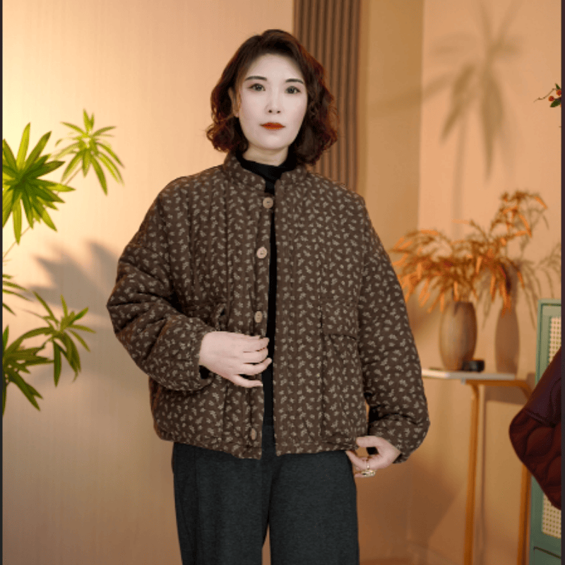 新款冬季百搭时尚口袋印花棉衣棉服冬装印花保暖加厚加厚碎花